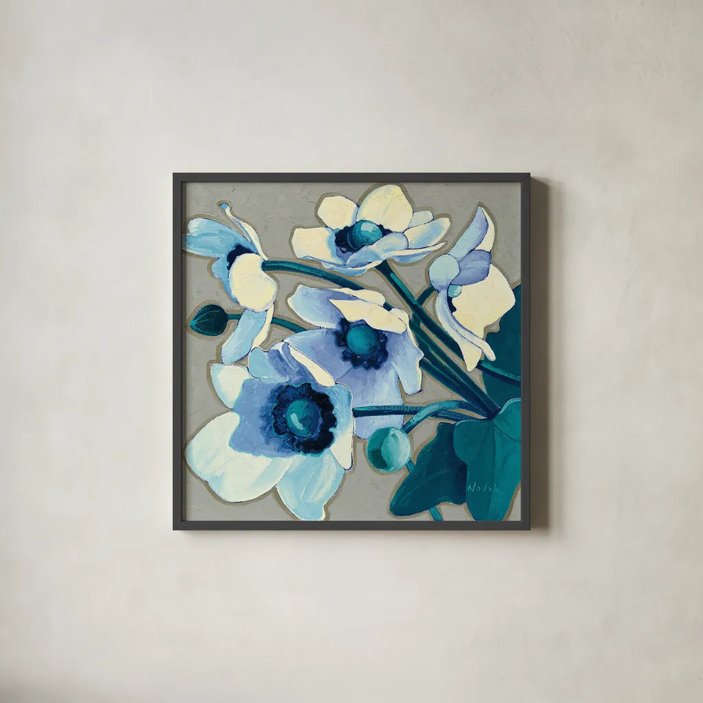 Anemones Japonaises III by Shirley Novak. Shown in a sleek black glass frame for a contemporary gallery look. Available as an archival giclee rolled canvas, fine art paper, or poster print. SKU 23013a.