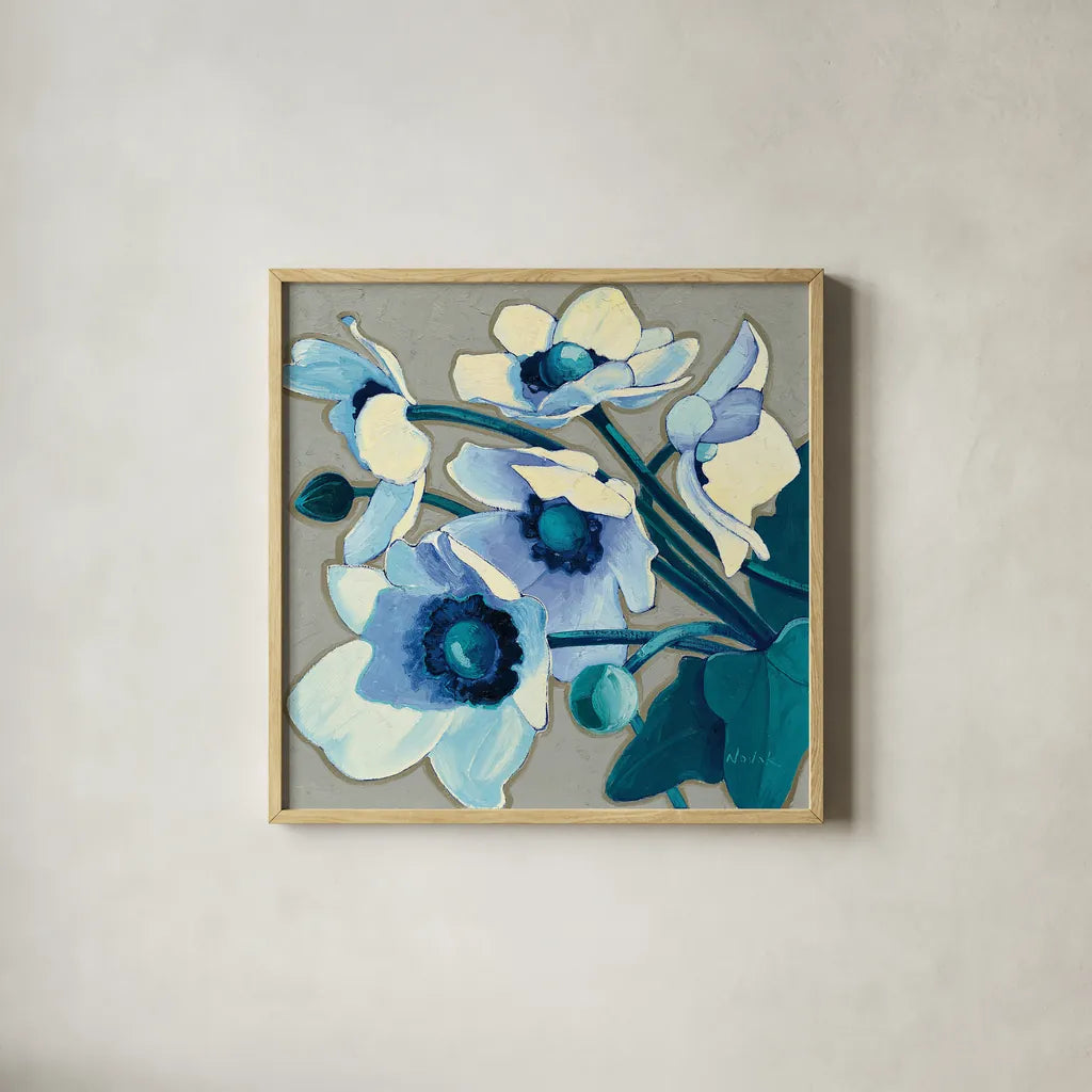 Anemones Japonaises III by Shirley Novak. Shown in a natural wood glass frame for a timeless modern aesthetic. Available as an archival giclee rolled canvas, fine art paper, or poster print. SKU 23013a.