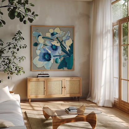 Anemones Japonaises III by Shirley Novak. Shown in a natural wood frame in a cozy modern living room. Available as an archival giclee rolled canvas, fine art paper, or poster print. SKU 23013a.