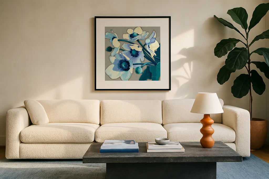Anemones Japonaises III by Shirley Novak. Displayed in a glass frame with matte in a clean modern living room. Available as an archival giclee rolled canvas, fine art paper, or poster print. SKU 23013a.