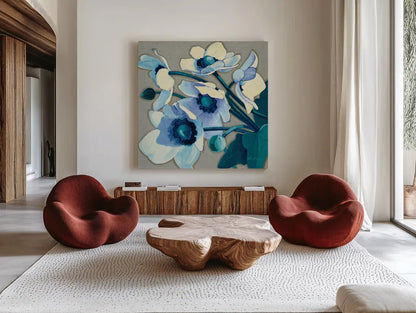 Anemones Japonaises III by Shirley Novak. Shown as extra-large giant wall art in a modern living room. Available as an archival giclee rolled canvas, fine art paper, or poster print. SKU 23013a.