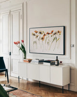 Autumn Orientals by Shirley Novak. shown as a framed stretched canvas in a living room above a console. Available as a archival giclee rolled canvas, fine art paper, or poster print. SKU 87864i.