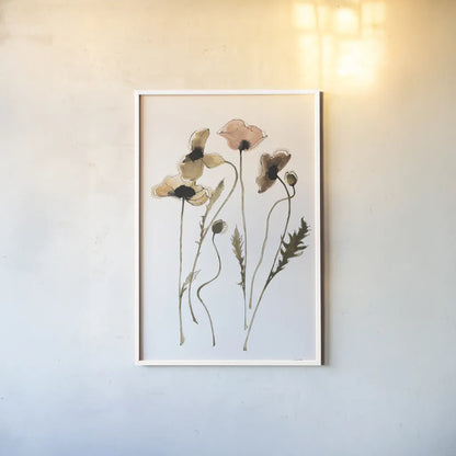 Autumn Orientals Vignette I by Shirley Novak. shown as a paper print in a white frame. Available as a archival giclee rolled canvas, fine art paper, or poster print. SKU 87865h.