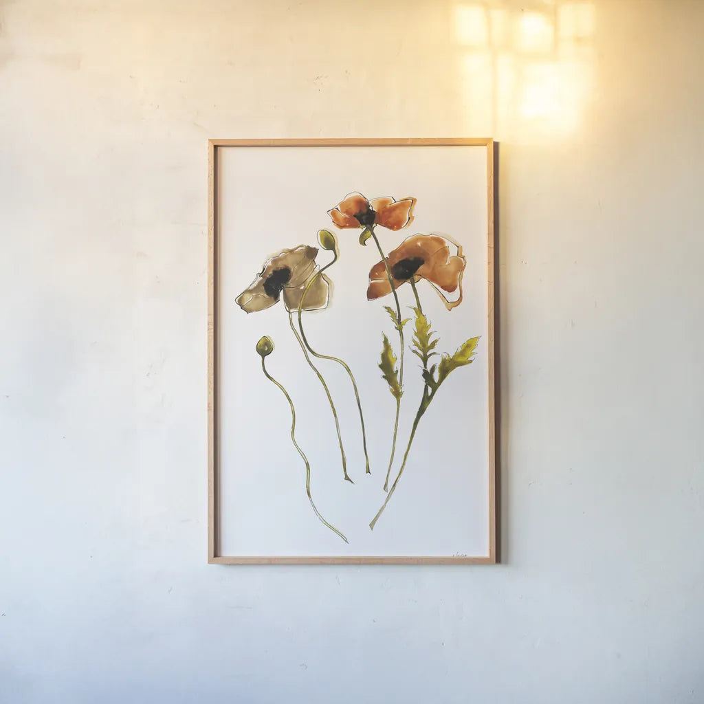 Autumn Orientals Vignette II by Shirley Novak. shown as a paper print in a natural frame. Available as a archival giclee rolled canvas, fine art paper, or poster print. SKU 87866h.