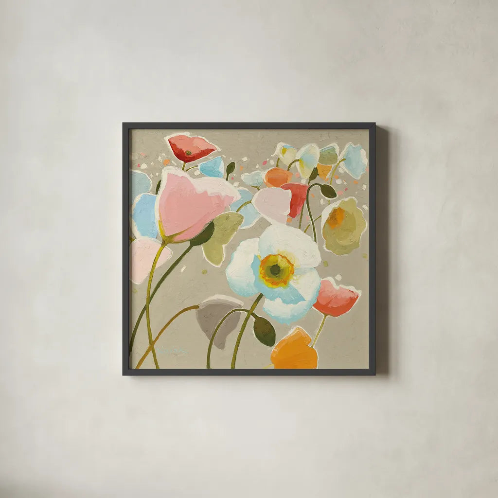 Backlit Confetti by Shirley Novak. Shown in a sleek black glass frame for a contemporary gallery look. Available as an archival giclee rolled canvas, fine art paper, or poster print. SKU 23009a.