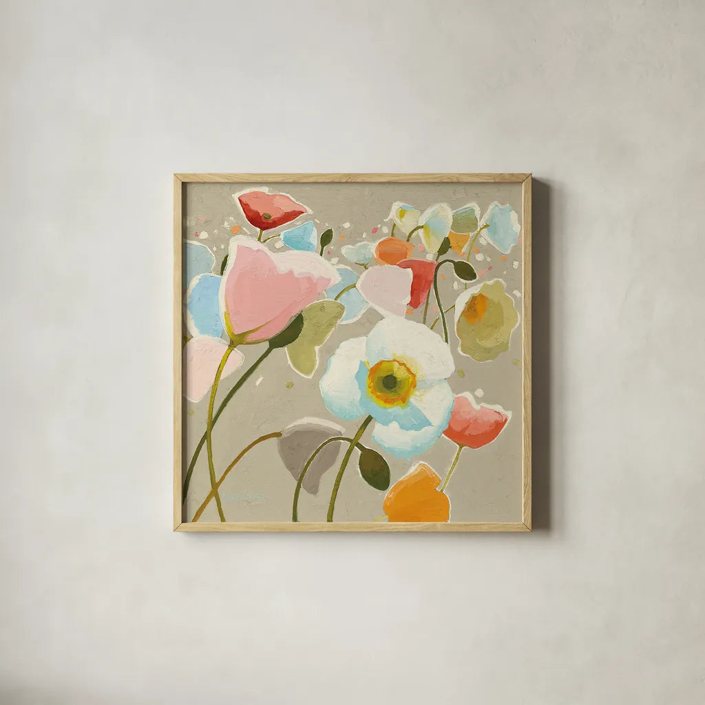 Backlit Confetti by Shirley Novak. Shown in a natural wood glass frame for a timeless modern aesthetic. Available as an archival giclee rolled canvas, fine art paper, or poster print. SKU 23009a.