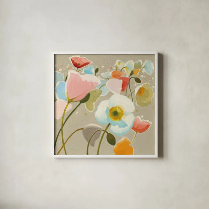 Backlit Confetti by Shirley Novak. Shown in a crisp white glass frame for a clean and minimalist style. Available as an archival giclee rolled canvas, fine art paper, or poster print. SKU 23009a.