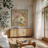 Backlit Confetti by Shirley Novak. Shown in a natural wood frame in a cozy modern living room. Available as an archival giclee rolled canvas, fine art paper, or poster print. SKU 23009a.