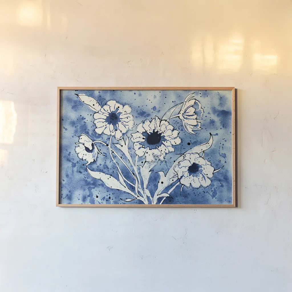 Batik Flowers Crop by Shirley Novak. shown as a paper print in a natural frame. Available as a archival giclee rolled canvas, fine art paper, or poster print. SKU 29178i.