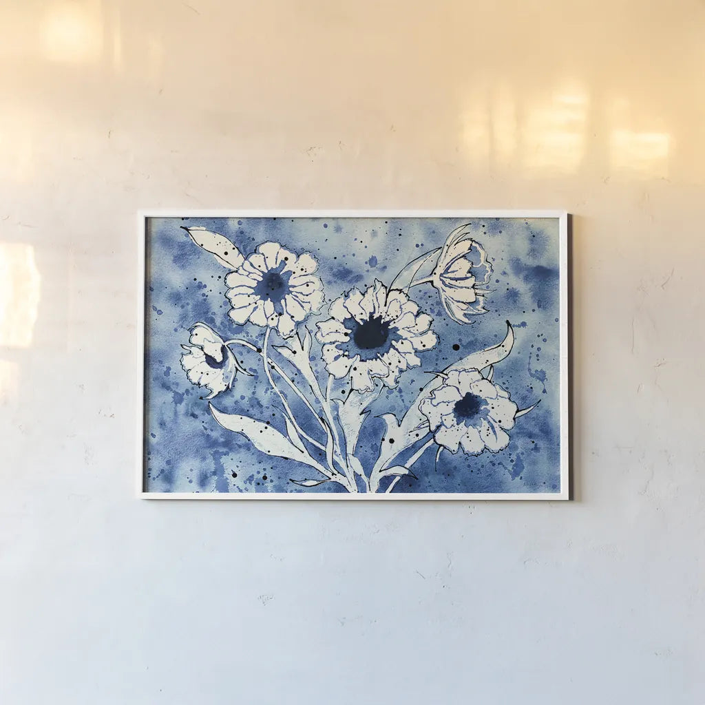 Batik Flowers Crop by Shirley Novak. shown as a paper print in a white frame. Available as a archival giclee rolled canvas, fine art paper, or poster print. SKU 29178i.