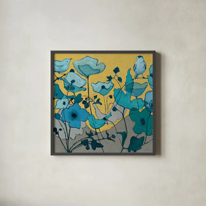 Birdy Birdy by Shirley Novak. Shown in a sleek black glass frame for a contemporary gallery look. Available as an archival giclee rolled canvas, fine art paper, or poster print. SKU 21595a.