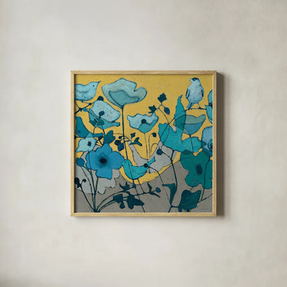 Birdy Birdy by Shirley Novak. Shown in a natural wood glass frame for a timeless modern aesthetic. Available as an archival giclee rolled canvas, fine art paper, or poster print. SKU 21595a.