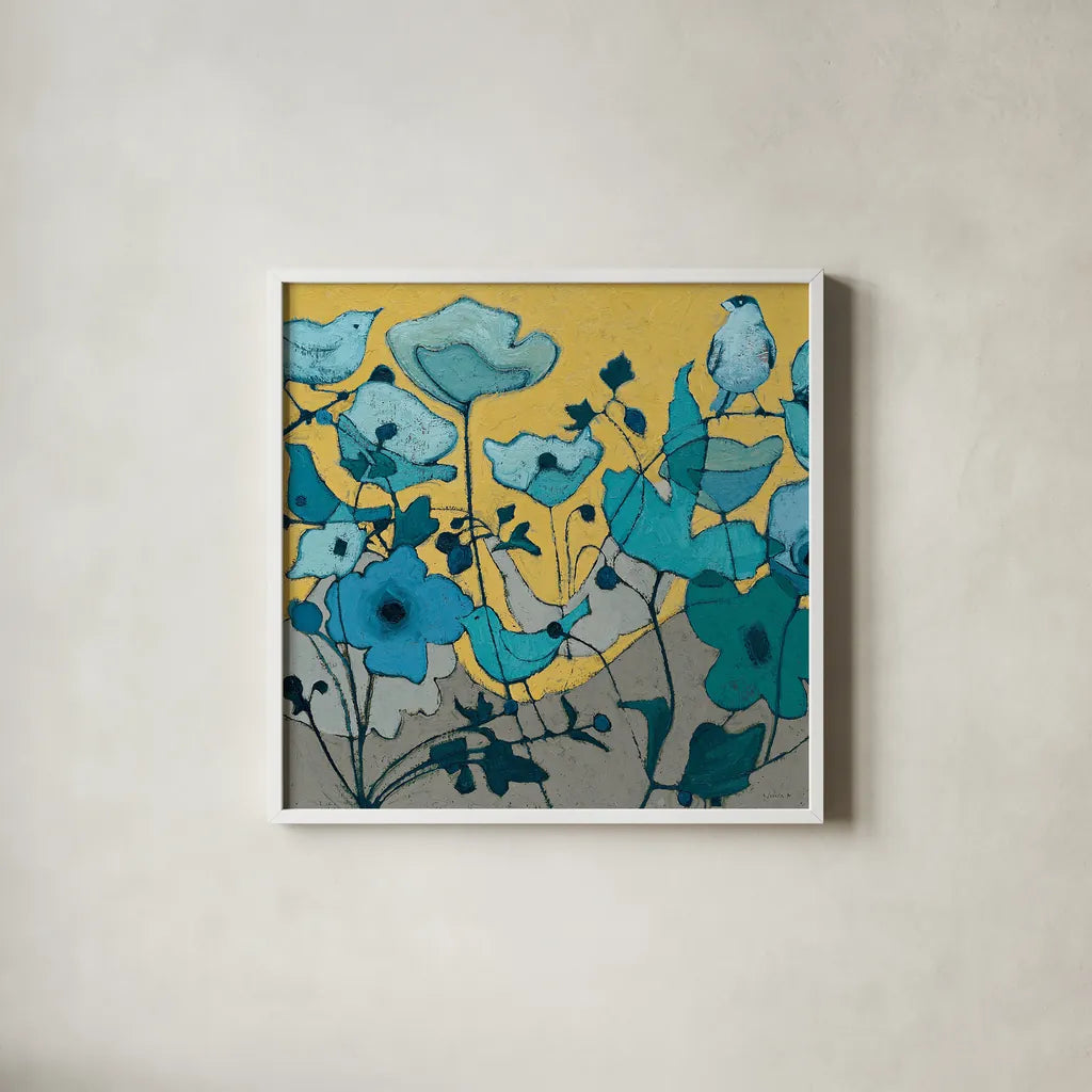 Birdy Birdy by Shirley Novak. Shown in a crisp white glass frame for a clean and minimalist style. Available as an archival giclee rolled canvas, fine art paper, or poster print. SKU 21595a.