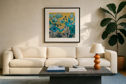 Birdy Birdy by Shirley Novak. Displayed in a glass frame with matte in a clean modern living room. Available as an archival giclee rolled canvas, fine art paper, or poster print. SKU 21595a.
