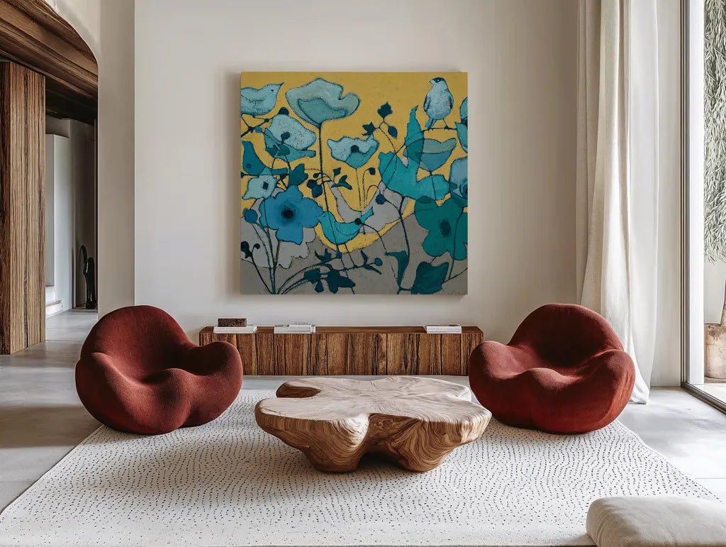 Birdy Birdy by Shirley Novak. Shown as extra-large giant wall art in a modern living room. Available as an archival giclee rolled canvas, fine art paper, or poster print. SKU 21595a.