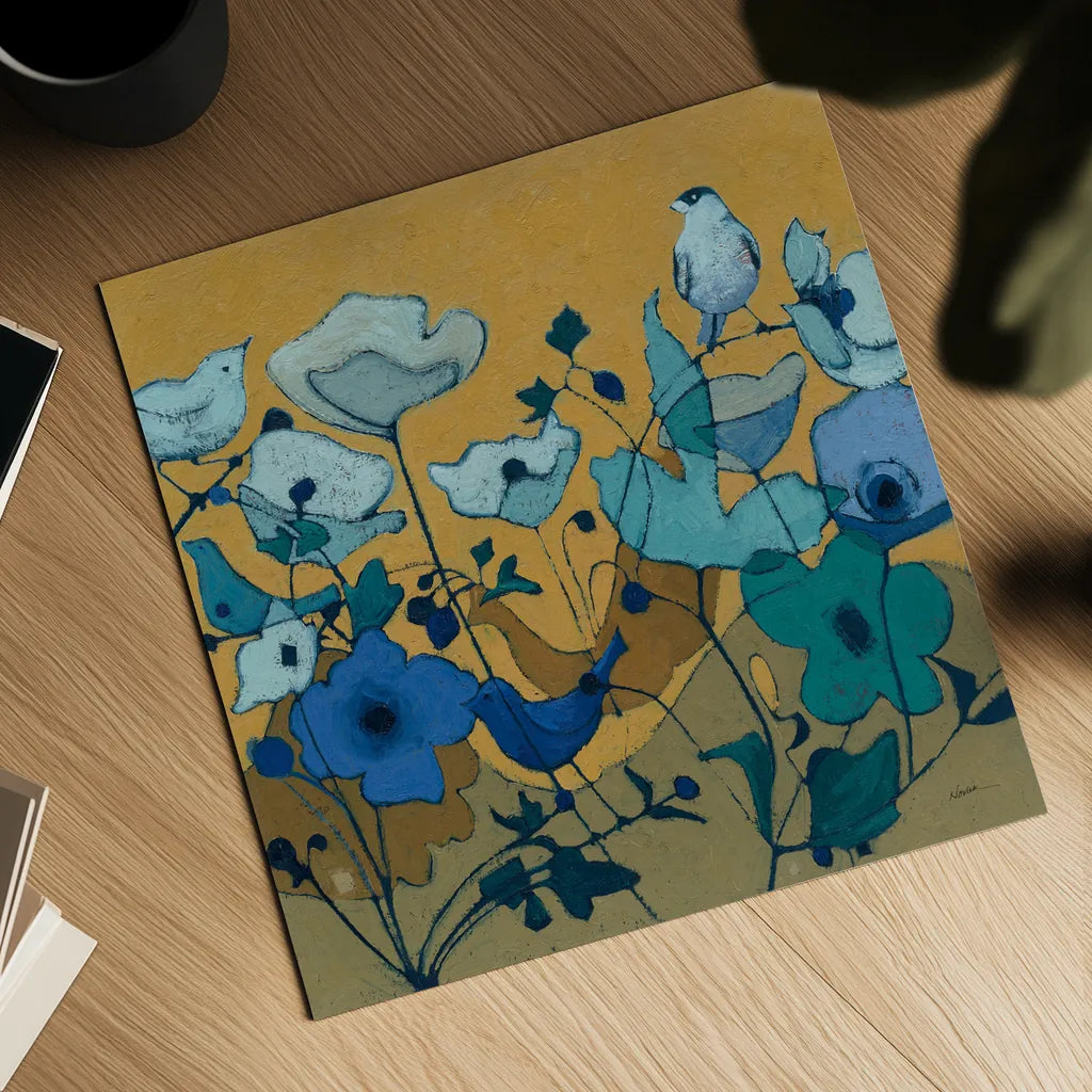 Birdy Birdy Royal Blue by Shirley Novak. Shown as a detailed flat fine art print, highlighting archival giclee quality. Available as an archival giclee rolled canvas, fine art paper, or poster print. SKU 31636a.