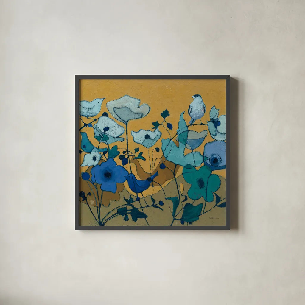 Birdy Birdy Royal Blue by Shirley Novak. Shown in a sleek black glass frame for a contemporary gallery look. Available as an archival giclee rolled canvas, fine art paper, or poster print. SKU 31636a.