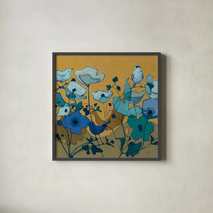 Birdy Birdy Royal Blue by Shirley Novak. Shown in a sleek black glass frame for a contemporary gallery look. Available as an archival giclee rolled canvas, fine art paper, or poster print. SKU 31636a.