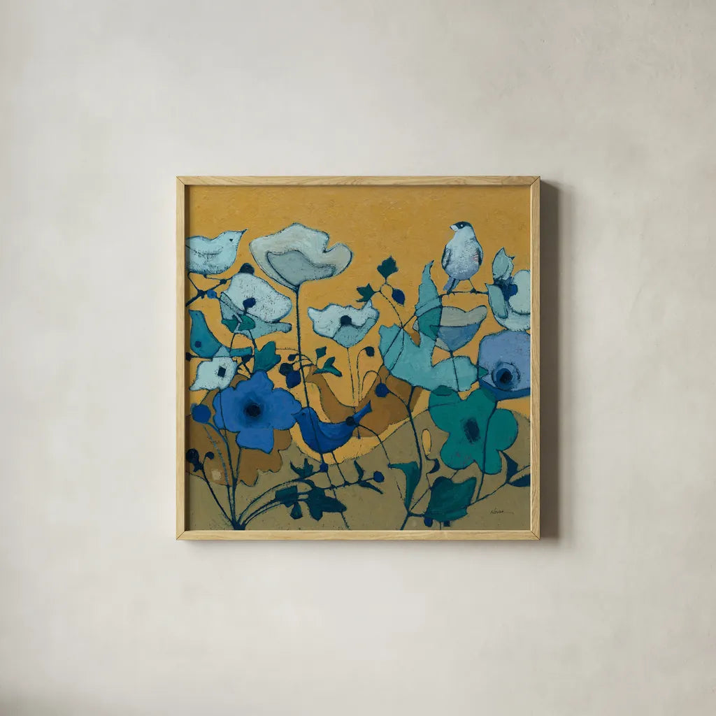 Birdy Birdy Royal Blue by Shirley Novak. Shown in a natural wood glass frame for a timeless modern aesthetic. Available as an archival giclee rolled canvas, fine art paper, or poster print. SKU 31636a.