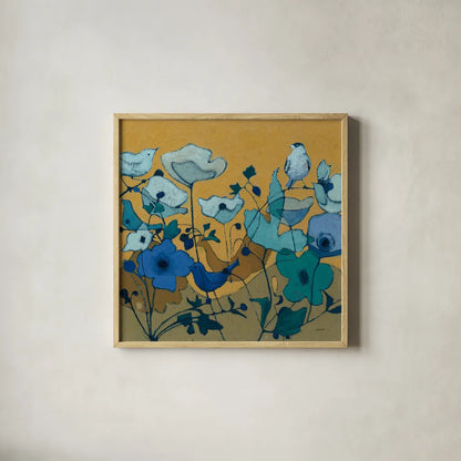 Birdy Birdy Royal Blue by Shirley Novak. Shown in a natural wood glass frame for a timeless modern aesthetic. Available as an archival giclee rolled canvas, fine art paper, or poster print. SKU 31636a.
