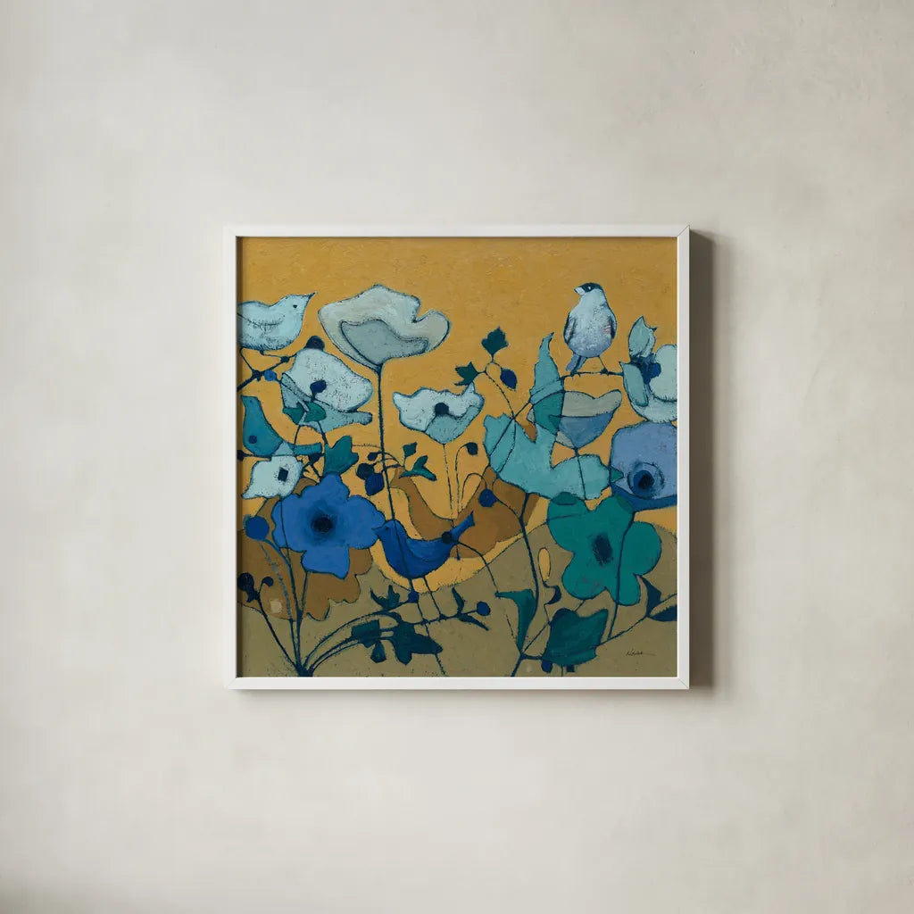 Birdy Birdy Royal Blue by Shirley Novak. Shown in a crisp white glass frame for a clean and minimalist style. Available as an archival giclee rolled canvas, fine art paper, or poster print. SKU 31636a.