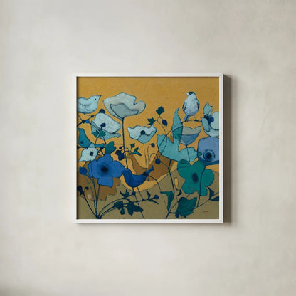 Birdy Birdy Royal Blue by Shirley Novak. Shown in a crisp white glass frame for a clean and minimalist style. Available as an archival giclee rolled canvas, fine art paper, or poster print. SKU 31636a.