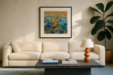 Birdy Birdy Royal Blue by Shirley Novak. Displayed in a glass frame with matte in a clean modern living room. Available as an archival giclee rolled canvas, fine art paper, or poster print. SKU 31636a.