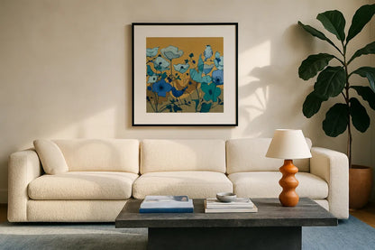 Birdy Birdy Royal Blue by Shirley Novak. Displayed in a glass frame with matte in a clean modern living room. Available as an archival giclee rolled canvas, fine art paper, or poster print. SKU 31636a.
