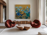 Birdy Birdy Royal Blue by Shirley Novak. Shown as extra-large giant wall art in a modern living room. Available as an archival giclee rolled canvas, fine art paper, or poster print. SKU 31636a.