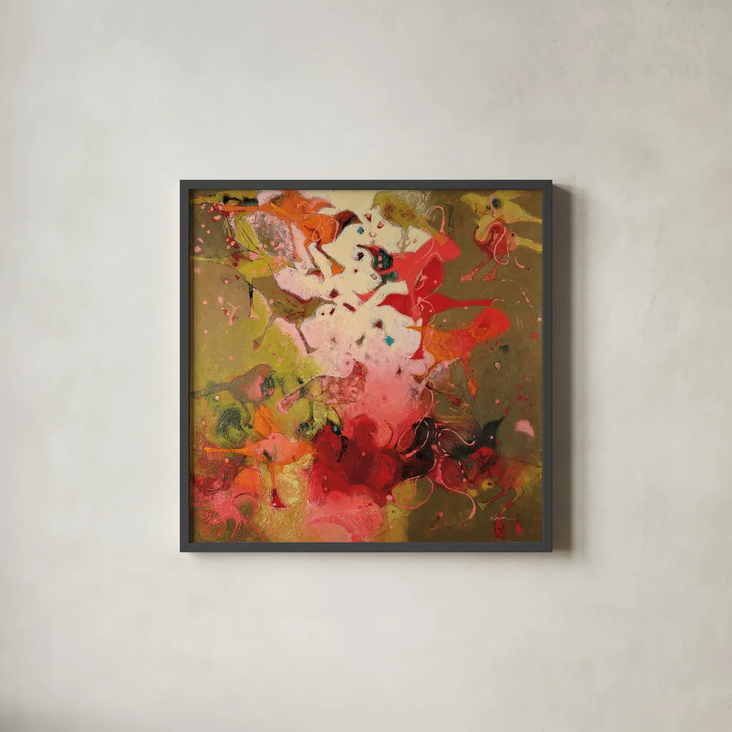 Birdy Boots by Shirley Novak. Shown in a sleek black glass frame for a contemporary gallery look. Available as an archival giclee rolled canvas, fine art paper, or poster print. SKU 87862a.