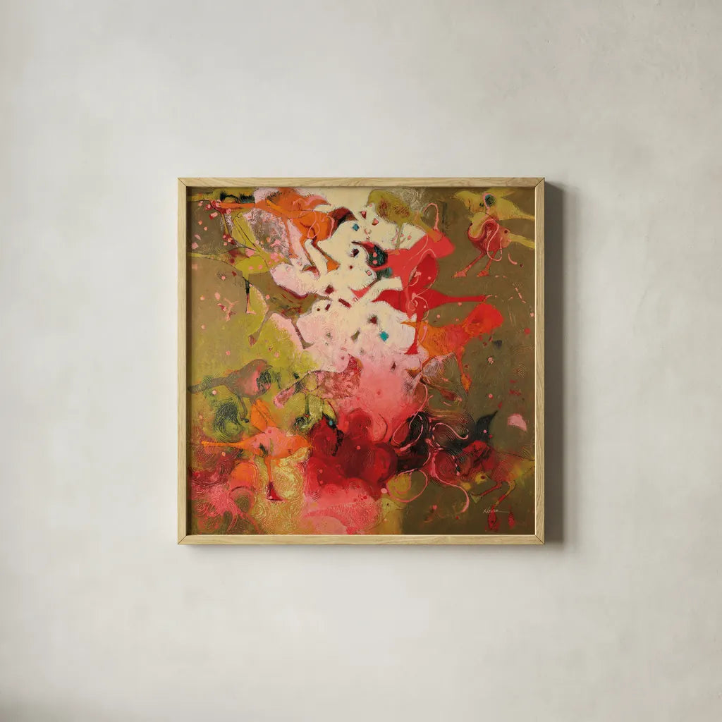 Birdy Boots by Shirley Novak. Shown in a natural wood glass frame for a timeless modern aesthetic. Available as an archival giclee rolled canvas, fine art paper, or poster print. SKU 87862a.