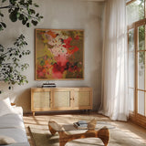 Birdy Boots by Shirley Novak. Shown in a natural wood frame in a cozy modern living room. Available as an archival giclee rolled canvas, fine art paper, or poster print. SKU 87862a.
