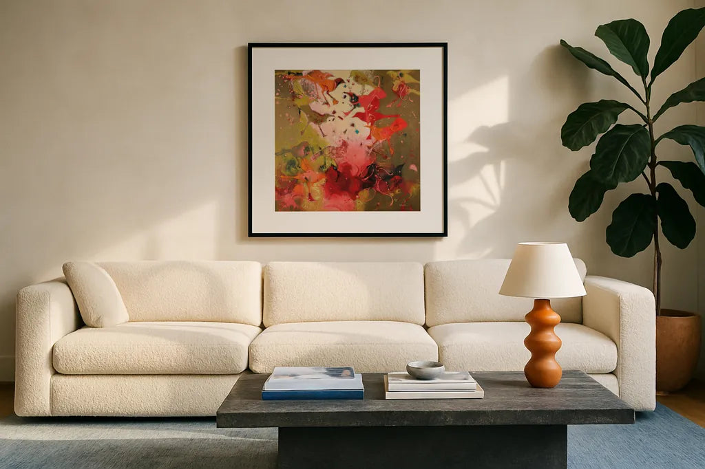 Birdy Boots by Shirley Novak. Displayed in a glass frame with matte in a clean modern living room. Available as an archival giclee rolled canvas, fine art paper, or poster print. SKU 87862a.