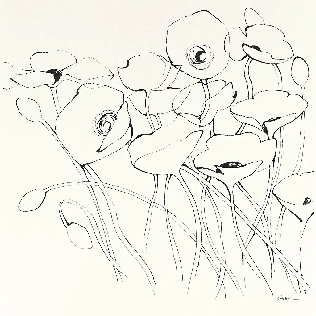 Black Line Poppies I by Shirley Novak. SKU 23667a. Archival Giclee Fine art print for wall decor.