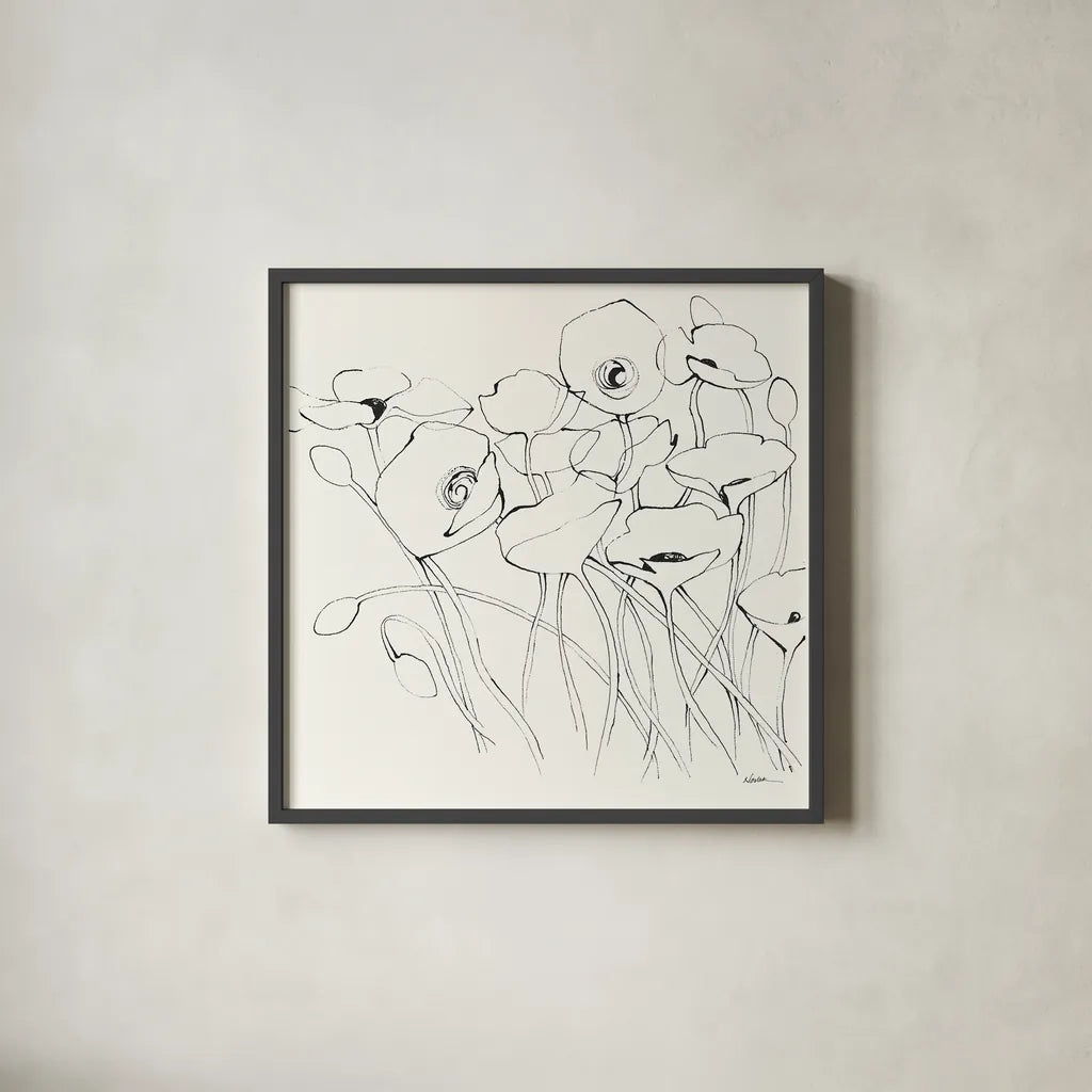 Black Line Poppies I by Shirley Novak. Shown in a sleek black glass frame for a contemporary gallery look. Available as an archival giclee rolled canvas, fine art paper, or poster print. SKU 23667a.