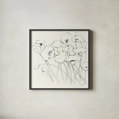Black Line Poppies I by Shirley Novak. Shown in a sleek black glass frame for a contemporary gallery look. Available as an archival giclee rolled canvas, fine art paper, or poster print. SKU 23667a.