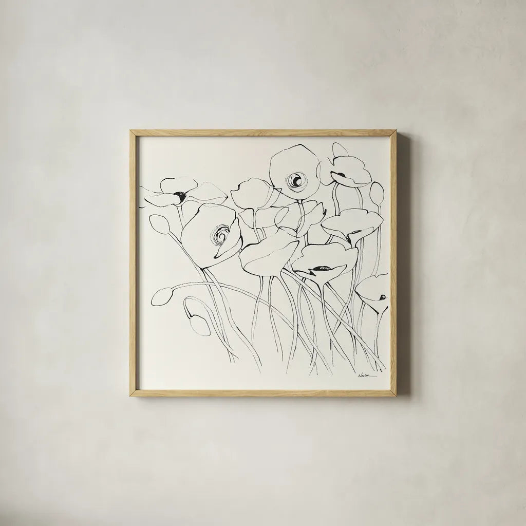 Black Line Poppies I by Shirley Novak. Shown in a natural wood glass frame for a timeless modern aesthetic. Available as an archival giclee rolled canvas, fine art paper, or poster print. SKU 23667a.