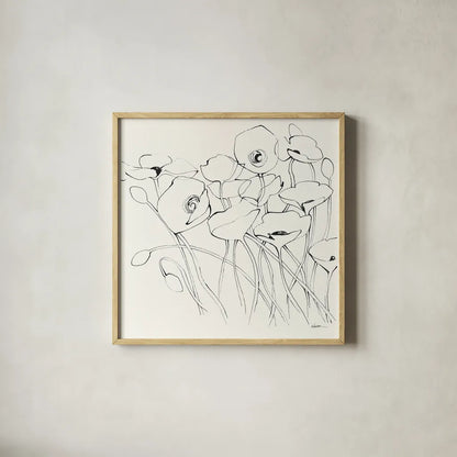 Black Line Poppies I by Shirley Novak. Shown in a natural wood glass frame for a timeless modern aesthetic. Available as an archival giclee rolled canvas, fine art paper, or poster print. SKU 23667a.