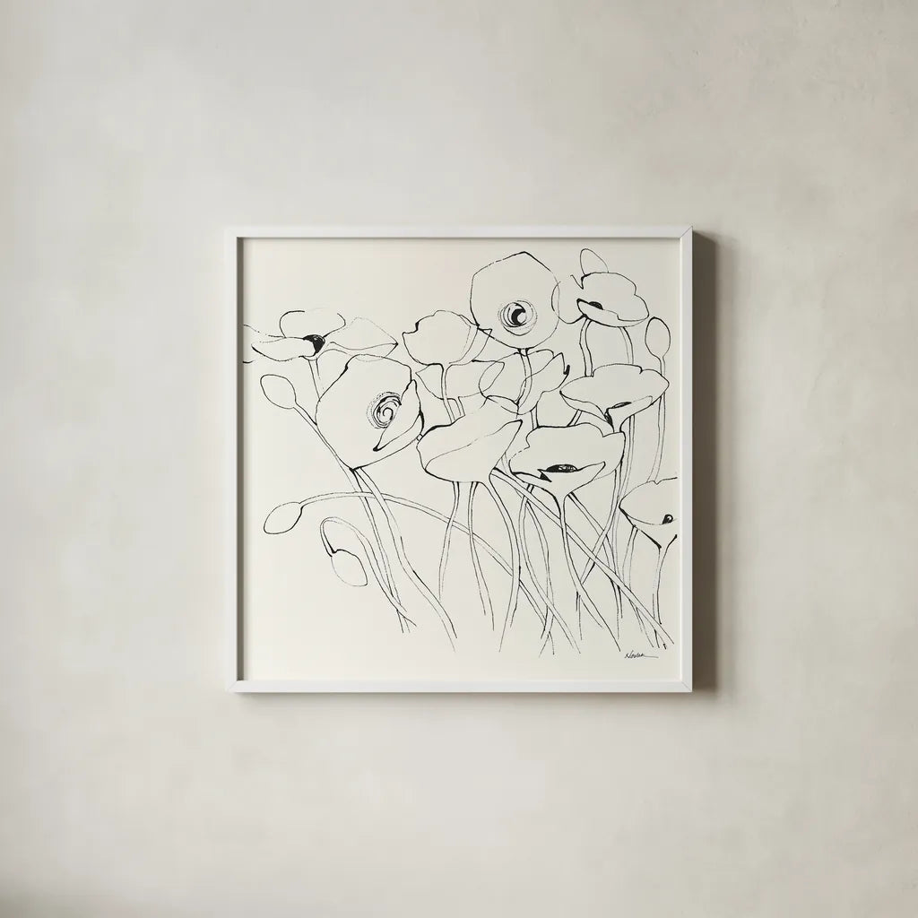 Black Line Poppies I by Shirley Novak. Shown in a crisp white glass frame for a clean and minimalist style. Available as an archival giclee rolled canvas, fine art paper, or poster print. SKU 23667a.