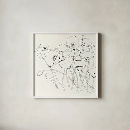 Black Line Poppies I by Shirley Novak. Shown in a crisp white glass frame for a clean and minimalist style. Available as an archival giclee rolled canvas, fine art paper, or poster print. SKU 23667a.