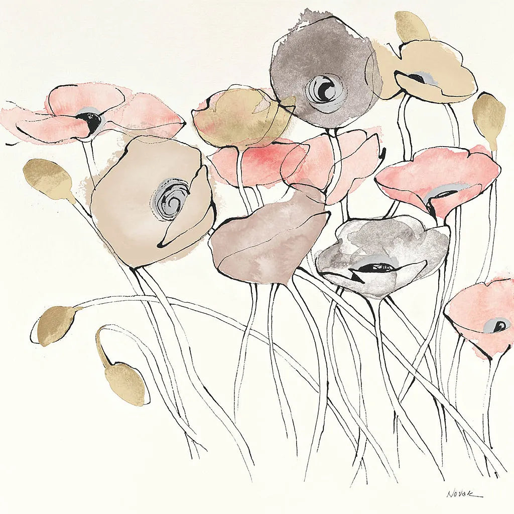 Black Line Poppies I Watercolor Neutral by Shirley Novak. SKU 26767a. Archival Giclee Fine art print for wall decor.