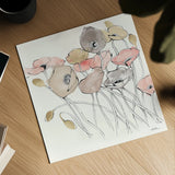 Black Line Poppies I Watercolor Neutral by Shirley Novak. Shown as a detailed flat fine art print, highlighting archival giclee quality. Available as an archival giclee rolled canvas, fine art paper, or poster print. SKU 26767a.