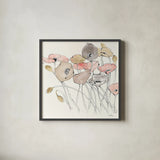 Black Line Poppies I Watercolor Neutral by Shirley Novak. Shown in a sleek black glass frame for a contemporary gallery look. Available as an archival giclee rolled canvas, fine art paper, or poster print. SKU 26767a.