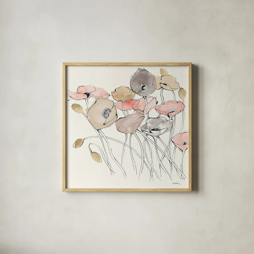 Black Line Poppies I Watercolor Neutral by Shirley Novak. Shown in a natural wood glass frame for a timeless modern aesthetic. Available as an archival giclee rolled canvas, fine art paper, or poster print. SKU 26767a.