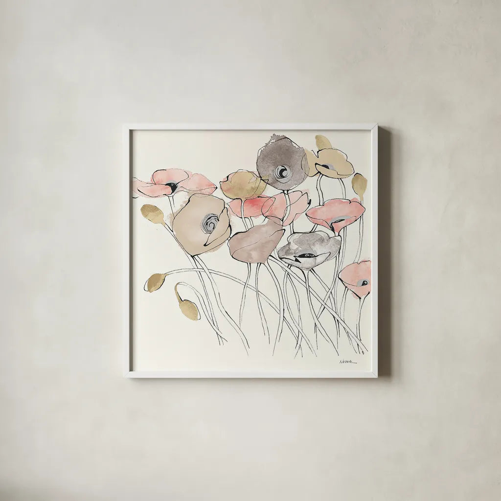 Black Line Poppies I Watercolor Neutral by Shirley Novak. Shown in a crisp white glass frame for a clean and minimalist style. Available as an archival giclee rolled canvas, fine art paper, or poster print. SKU 26767a.