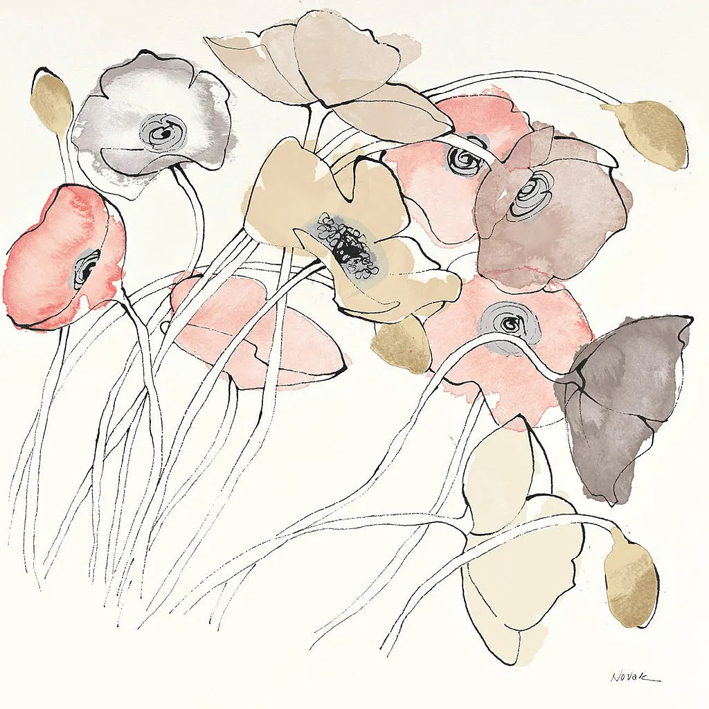 Black Line Poppies II Watercolor Neutral by Shirley Novak. SKU 26768a. Archival Giclee Fine art print for wall decor.