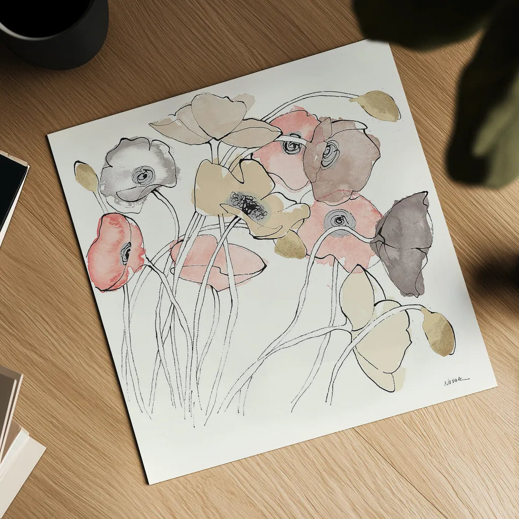 Black Line Poppies II Watercolor Neutral by Shirley Novak. Shown as a detailed flat fine art print, highlighting archival giclee quality. Available as an archival giclee rolled canvas, fine art paper, or poster print. SKU 26768a.