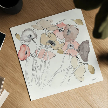 Black Line Poppies II Watercolor Neutral by Shirley Novak. Shown as a detailed flat fine art print, highlighting archival giclee quality. Available as an archival giclee rolled canvas, fine art paper, or poster print. SKU 26768a.