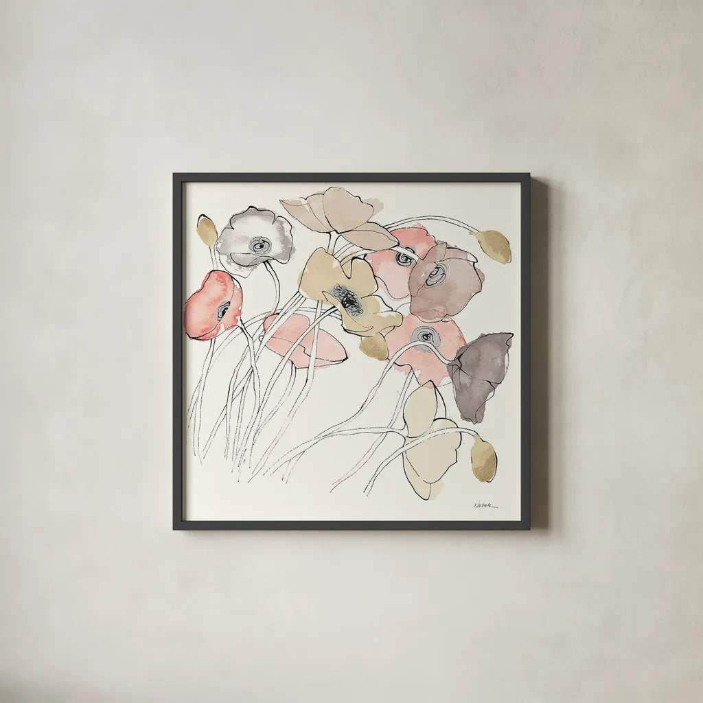 Black Line Poppies II Watercolor Neutral by Shirley Novak. Shown in a sleek black glass frame for a contemporary gallery look. Available as an archival giclee rolled canvas, fine art paper, or poster print. SKU 26768a.