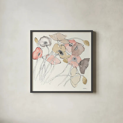 Black Line Poppies II Watercolor Neutral by Shirley Novak. Shown in a sleek black glass frame for a contemporary gallery look. Available as an archival giclee rolled canvas, fine art paper, or poster print. SKU 26768a.